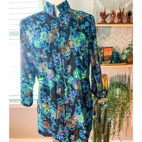 Alice Polynesian Womens Nehru Tiki Jacket Blue Floral Zip Up Mandarin Vintage M - Picture 3 of 12